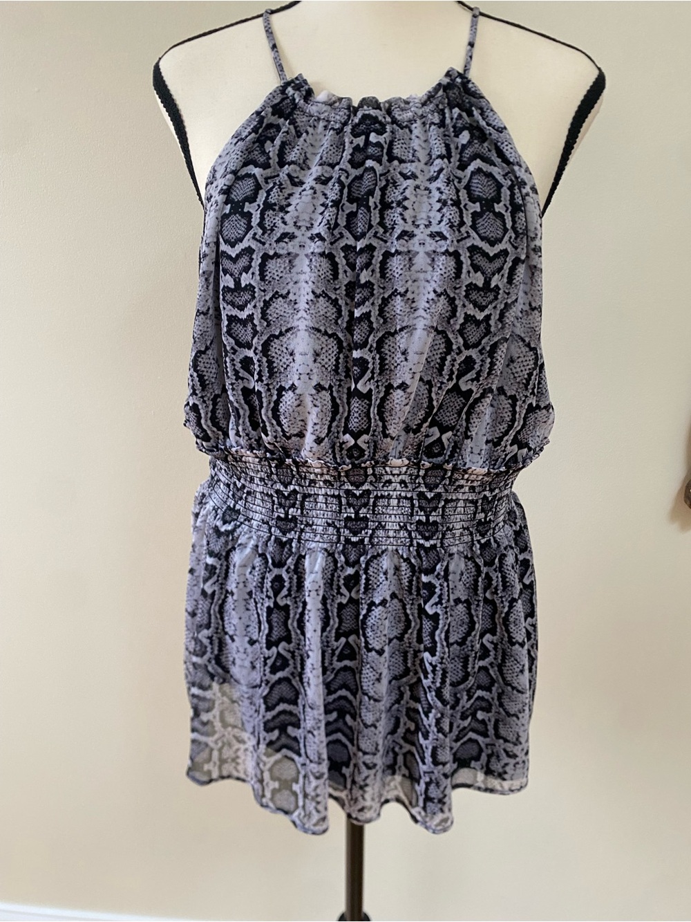 Express Snake-Print Halter Romper in Black and Gray